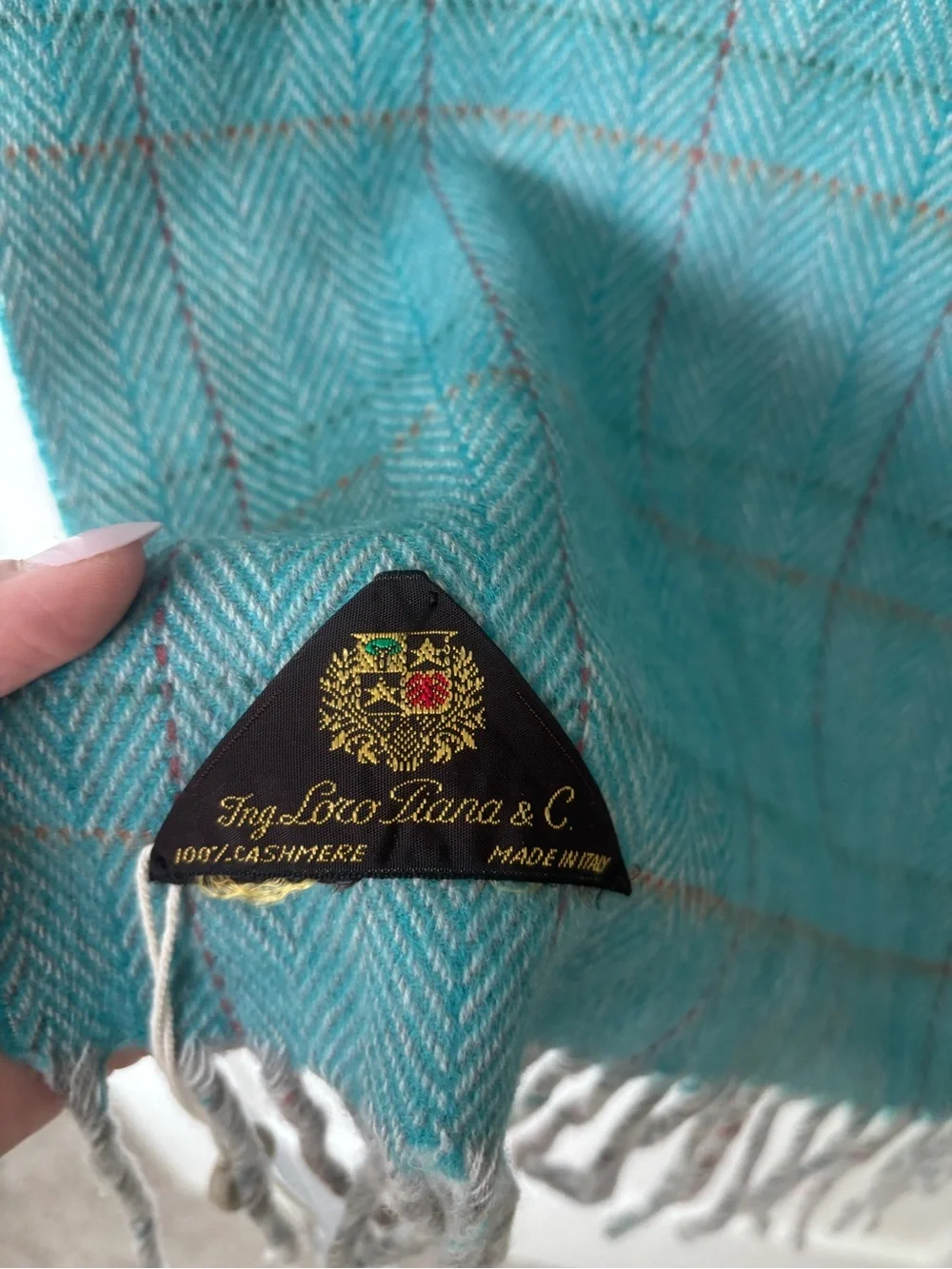 Loro Piana Teal Plaid Wool Scarf with Gray Fringe